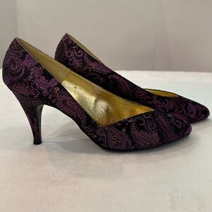 Vintage Eliot Glitter Pumps Black Purple Metallic Fabric Pointy Toe Heels 8 Rare
